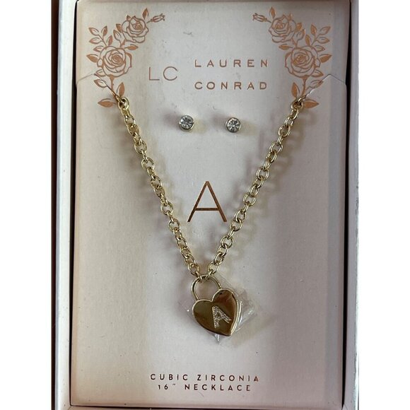 Lauren Conrad Cubic Zirconia Heart Necklace & Earrings A Initial Gold Tone 16" - Picture 8 of 9